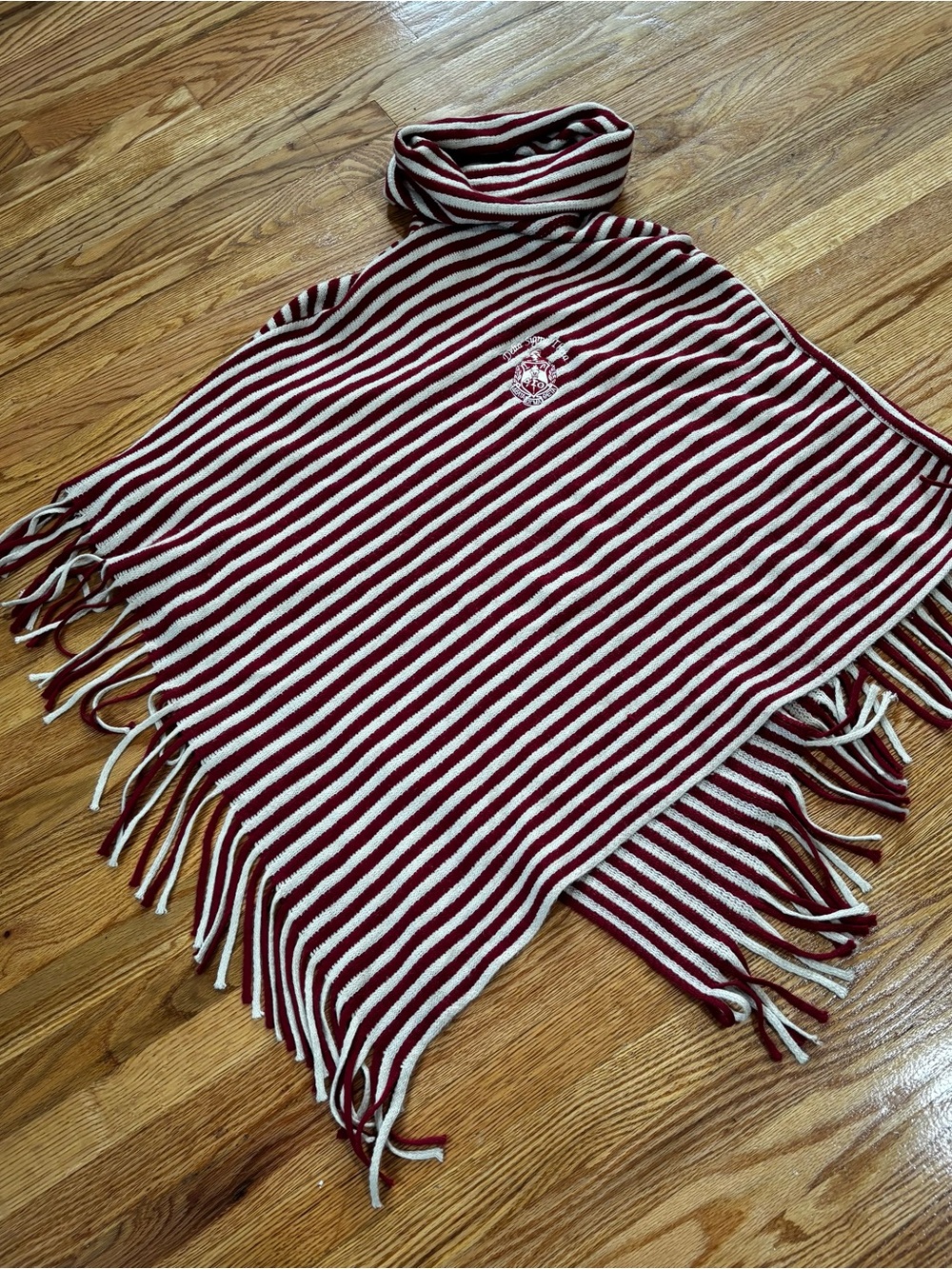 Delta Sigma Theta Striped Knit Poncho Turtleneck Fringe Red Cream Size Medium